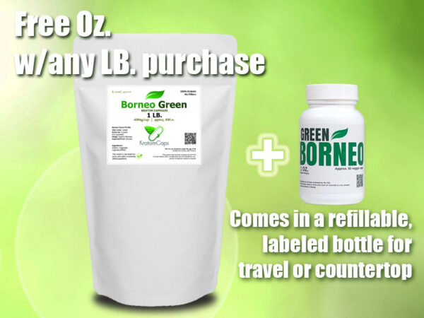 Borneo Green Kratom Capsules - free 1 oz packaging