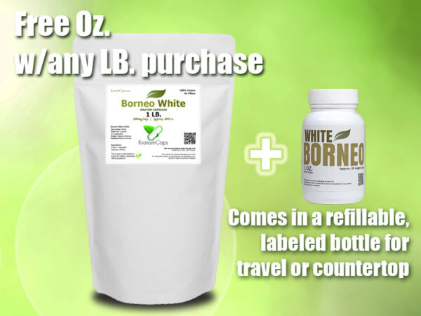 Borneo White Kratom Capsules - free 1 oz. packaging