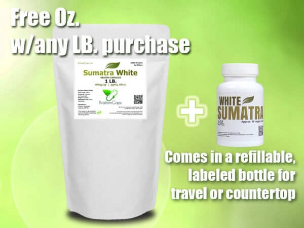 Sumatra White Kratom Capsules - free 1 oz. packaging